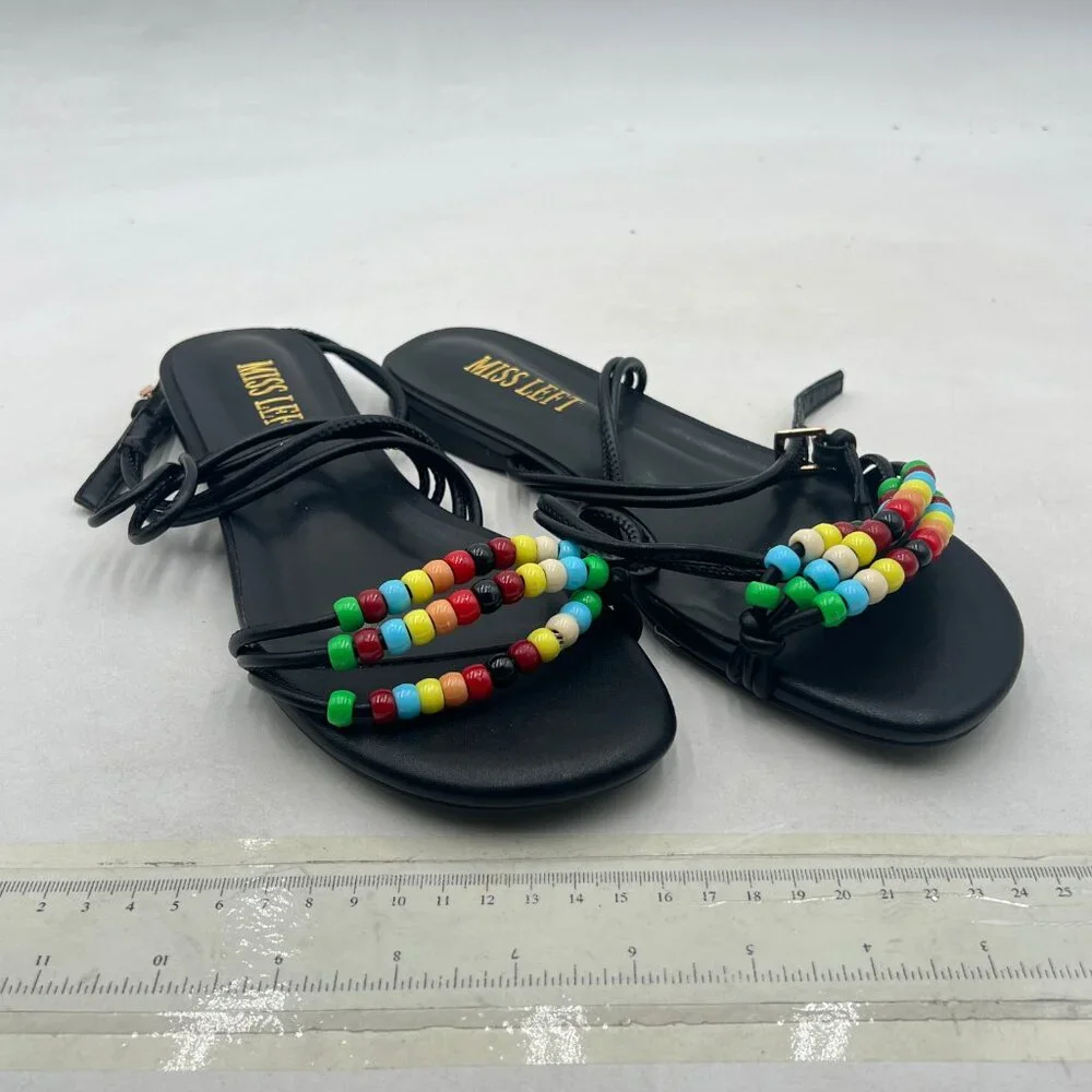 miss left Black Beaded Flat Sandals for Women Ankle Strap Open Toe Slide Sandals - Picture 4 of 8